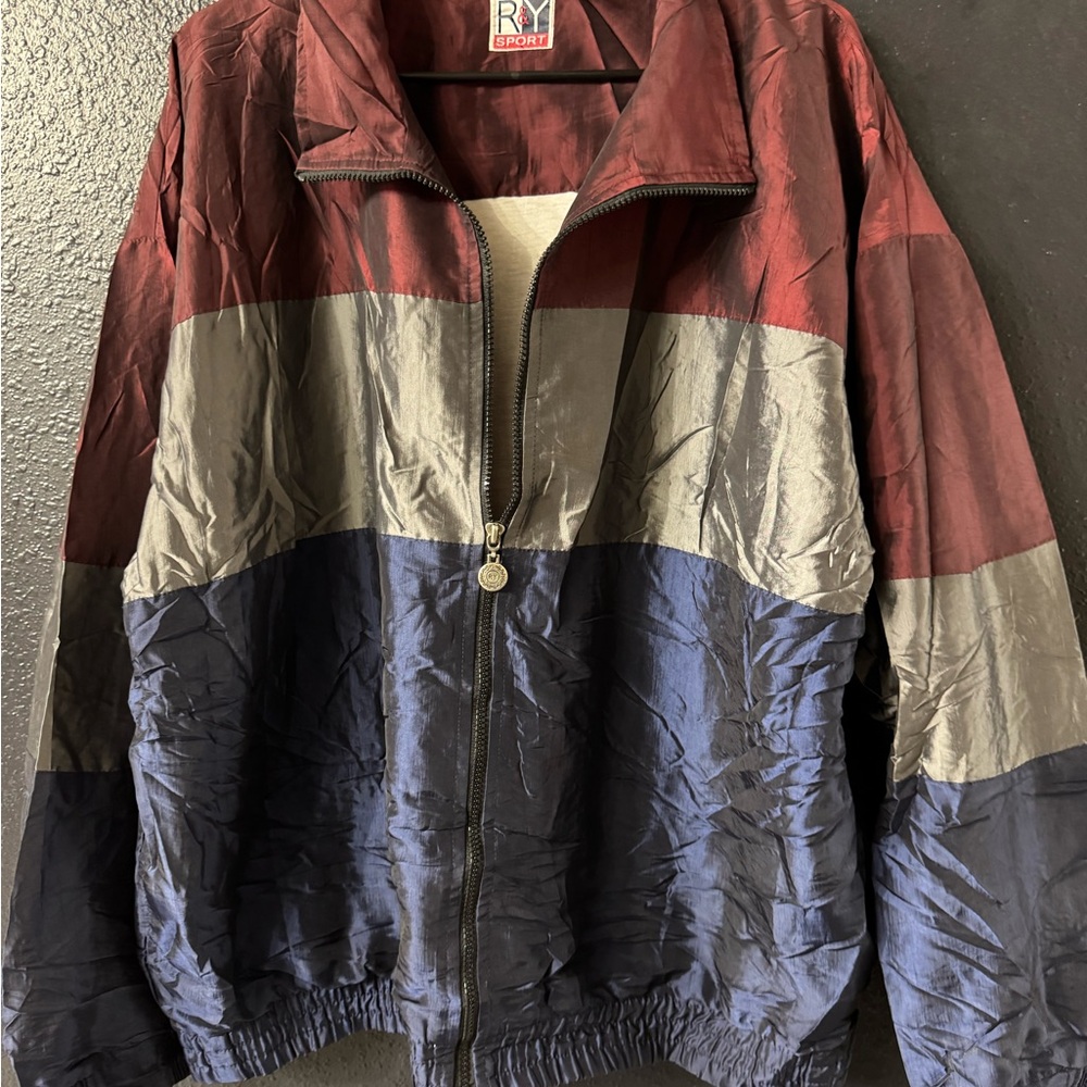 Men’s Colorblock Zip Up Jacket - Red, Gray & Navy Vintage 90s USA Windbreaker